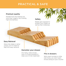 Load image into Gallery viewer, Bambüsi In-Drawer Knife Block - Bamboo Knife Drawer Organizer for Kitchen - Fits 5 Long + 6 Short Knives - Store Knives with Blades Pointing Down - Wooden Steak knife Holder without Knives