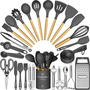 Umite Chef Silicone Kitchen Utensil Set, 34PCS Heat Resistant Kitchen Gadgets and Tools With Grater, Wood Handles for Nonstick Cookware
