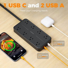Load image into Gallery viewer, Power Strip Surge Protector, TESSAN Flat Plug Extension Cord with 8 Outlets 3 USB Charger(1 USB C), 1080 Joules Protection, Wall Mountable Charging Station for Home Office School Dorm Room Essentials
