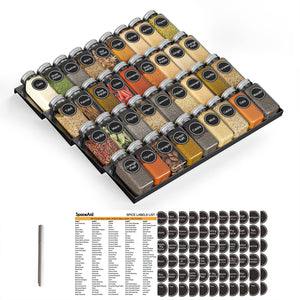 SpaceAid Spice Drawer Organizer with 28 Spice Jars, 386 Spice Labels, 4 Tier Seasoning Rack Tray Insert for Kitchen Drawers, 13" Wide x 17.5" Deep