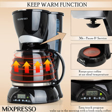 Load image into Gallery viewer, Mixpresso 8-Cup Drip Coffee Maker Programmable, Coffee Pot Machine Including Reusable &amp; Removable Coffee Filter, Black Electric Coffee Maker
