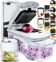 Load image into Gallery viewer, All-in-1 Vegetable Chopper and Mandoline Slicer for Kitchen - Cheese Grater, French Fry Cutter, Cheese Slicer - Bonus Handheld Spiralizer Included (6 in 1, Black/White)