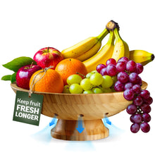 Load image into Gallery viewer, Bambüsi Fruit Bowl - 11&quot; Large Brown Wooden Pedestal Bowl for Kitchen Counter &amp; Dining Table Centerpiece, Premium Bamboo Wood Fruit Basket &amp; Banana Holder for Fresh Produce, Bread &amp; Home Decor