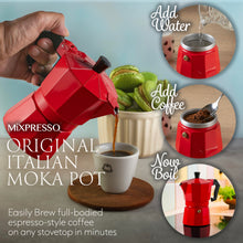Load image into Gallery viewer, Mixpresso 3 Cup Moka Pot Coffee Maker for Gas, Electric Stove Top, Classic Italian Espresso Maker, Stovetop for Camping, Makes 5 Oz Cuban Coffee