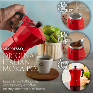 Mixpresso 3 Cup Moka Pot Coffee Maker for Gas, Electric Stove Top, Classic Italian Espresso Maker, Stovetop for Camping, Makes 5 Oz Cuban Coffee