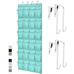 Over the Door Shoe Organizer, 24 Large Breathable Mesh Pockets, Space Saving Hanging Storage Holder, Closet Rack Hanger Holds Up to 40 lbs, Hangs on Closets for Shoes, Accessories, Black