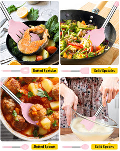 Pack of 4 Silicone Cooking Utensils Set, Non Stick Large Solid Spatulas, Heat Resistant Black Slotted Spoons, Ideal BPA Free Kitchen Turners for Frying, Mixing,Serving,Draining,Turning,Stirring