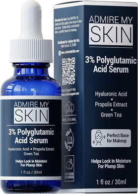 Admire My Skin Organic Polyglutamic Acid Facial Serum - Powerful Hydration & Anti Aging + Hyaluronic Acid + Propolis 1oz