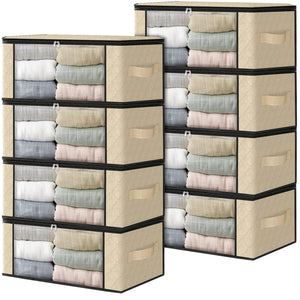 HomeHacks Storage 3-Pack Clothes Organizer Storage Bags Foldable Storage Box with Large Clear Window Sturdy Handles for Closet, Dorm, Pillows, Bedding, Clothes, Blankets, 35L, Gray