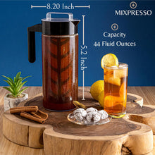 Load image into Gallery viewer, Mixpresso Cold Brew Maker For Iced Coffee and Iced Tea, Cold Coffee Maker Glass Pitcher, Tea Infuser For Loose Leaf Tea, 44oz Large Ice Tea Brewer with Easy to Clean Reusable Mesh Filter.