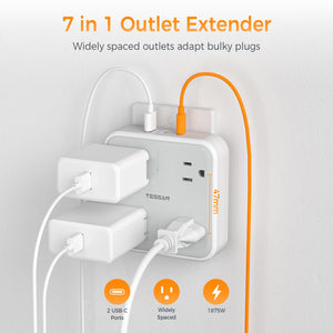 Multi Plug Outlet Extender, TESSAN Surge Protector Splitter with 3 USB (1 USB C Port) Wall Charger, Multiple Expander for Travel, Home, College Dorm Room