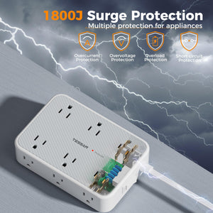 Surge Protector Power Strip, TESSAN 5FT Flat Extension Cord with Multiple Outlets, 12 Outlet Extender with 4 USB (2 USB-C), Flat Plug Power Strip, 1800J Surge Protection, Office, Dorm Essentials