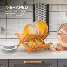 Load image into Gallery viewer, Dish Drying Rack - Collapsible 2-Tier Bamboo Dish Rack for Kitchen Counter, Wooden Dish Drainer with Foldable Space-Saving Design - Drying Rack for Dishes, Plates, and Cups