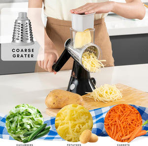 Brieftons 4-Blade Rotary Cheese Grater, Kitchen Food Cutter with Handle, Mandoline Vegetable Slicer, Nut Grinder, Hand Crank Shredder for Cheese, Vegetables, Fruits, Nuts, Easy to Use, Clean & Store