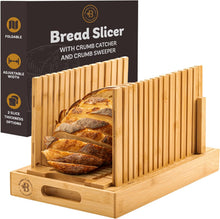Load image into Gallery viewer, Bread Slicer for Homemade Bread - Bamboo Bread Cutter with Knife, Foldable Slicing Guide, Crumb Tray - Compact Bread Loaf Slicer for Cakes, Bagels, Loaves - Kitchen Gadget &amp; Gifts by Bambüsi