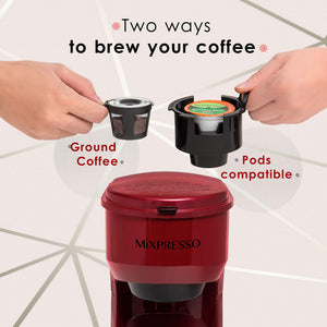 Mixpresso 2 in 1 Coffee Brewer, Single Serve & Personal Coffee Maker, Compact Size Mini, Quick Brew Technology, 14oz Red