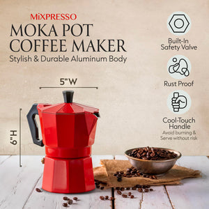 Mixpresso 3 Cup Moka Pot Coffee Maker for Gas, Electric Stove Top, Classic Italian Espresso Maker, Stovetop for Camping, Makes 5 Oz Cuban Coffee