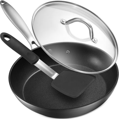 Belwares Nonstick Frying Pan with Spatula & Lid - 10 Inch Non Stick Skillet Egg Frying Pan - Lightweight Aluminum Hard-Anodized Fry Pan for Kitchen Cooking with Gas, Electric, Oven or Induction