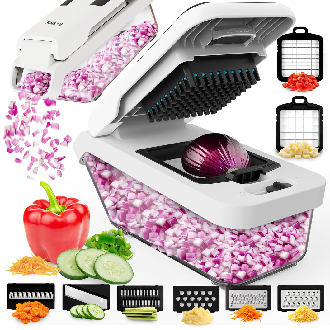 Vegetable Chopper and Mandoline Slicer for Kitchen, Food Chopper with Container & Lid, Cheese Grater (8 in 1 - White)