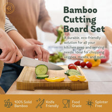Load image into Gallery viewer, Bread Slicer and Cutting Board Set - Bamboo Bread Slicer with Crumb Tray &amp; Adjustable Width + 4-Piece Bamboo Cutting Board Set for Kitchen
