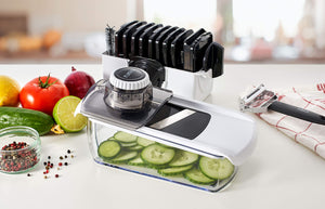 Mandoline Slicer for Kitchen, Fruit Cutter, Cheese Grater, Cucumber Slicer, Veggie Spiralizer, Food Cutter & Kitchen Gadgets with Safety Glove (6 in 1, White)