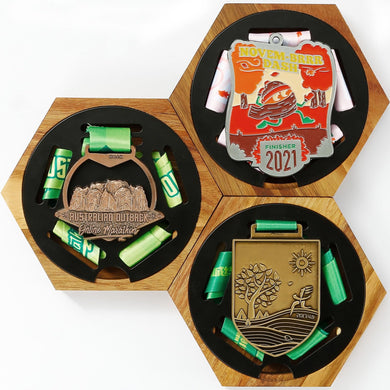 JupDec Medal Hanger Display Honeycomb Holder for Wall, Artistic Showcase Wooden Frame Medal Case with Strong Magnetic Wall-mounted Hexagon Combination Stand, for Sports Marathon Championships, Brown