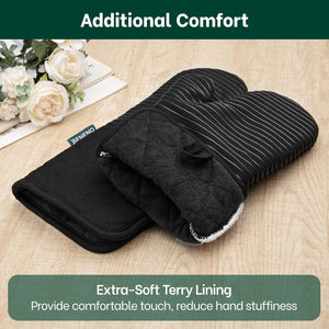 Beneno Non-Slip Silicone Textured Cotton Oven Mitts, Heat Resistant up to 500° F, Flexible Grip with 14.3"x7" Longer Protection, Durable 100% Cotton Oven Mitts for Kitchen & Barbecue, 2-Pack, Black