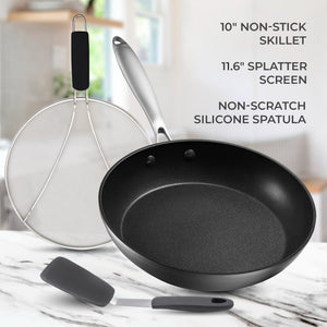 Belwares Nonstick Frying Pan with Spatula & Lid - 10 Inch Non Stick Skillet Egg Frying Pan - Lightweight Aluminum Hard-Anodized Fry Pan for Kitchen Cooking with Gas, Electric, Oven or Induction