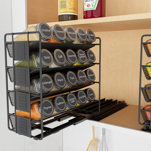 SpaceAid Pull Out Spice Rack Organizer with 20 Jars, Heavy Duty Slide Out Seasoning Organizer for Kitchen Cabinets, with 801 Labels and Chalk Marker, Left Facing