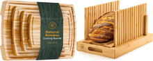 Load image into Gallery viewer, Bread Slicer and Cutting Board Set - Bamboo Bread Slicer with Crumb Tray &amp; Adjustable Width + 4-Piece Bamboo Cutting Board Set for Kitchen