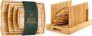 Bread Slicer and Cutting Board Set - Bamboo Bread Slicer with Crumb Tray & Adjustable Width + 4-Piece Bamboo Cutting Board Set for Kitchen