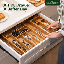 Load image into Gallery viewer, Carbonized Bamboo Kitchen Drawer Organizer, 8-10 Slots Expandable Silverware Organizer, Utensil Holder &amp; Cutlery Tray, 2.2&quot; Deep for Extra Capacity, Non-Slip Feet Included.