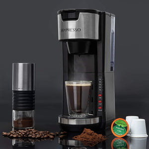 Mixpresso Single Serve Coffee Brewer K-Cup Pods Compatible & Ground Coffee, 30 oz Compact Coffee Maker Single Serve With 5 Brew Sizes Up To 14 Oz, Fits Travel Mug, Adjustable Drip Tray, Black