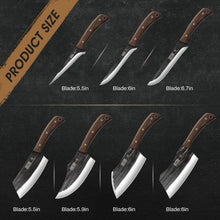 Load image into Gallery viewer, Butcher Knife Set, Hand Forged Butcher Chef Knife Set with Roll Bag, Sharp Meat Cleaver Knife &amp; Bone Chopper Knives &amp; Fillet Knives for Home &amp; Camping &amp; BBQ Gift for Men