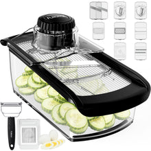 Load image into Gallery viewer, Mandoline Slicer for Kitchen, Fruit Cutter, Cheese Grater, Cucumber Slicer, Veggie Spiralizer, Food Cutter &amp; Kitchen Gadgets with Safety Glove (6 in 1, White)