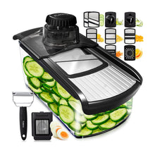 Load image into Gallery viewer, Mandoline Slicer for Kitchen, Fruit Cutter, Cheese Grater, Cucumber Slicer, Veggie Spiralizer, Food Cutter &amp; Kitchen Gadgets with Safety Glove (6 in 1, White)
