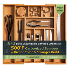 Load image into Gallery viewer, Carbonized Bamboo Kitchen Drawer Organizer, 8-10 Slots Expandable Silverware Organizer, Utensil Holder &amp; Cutlery Tray, 2.2&quot; Deep for Extra Capacity, Non-Slip Feet Included.