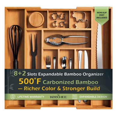 Carbonized Bamboo Kitchen Drawer Organizer, 8-10 Slots Expandable Silverware Organizer, Utensil Holder & Cutlery Tray, 2.2