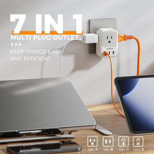USB Wall Charger, Wall Plug Adapter Outlet Extender, TESSAN 3 Charger Block (1 USB C Port), Multi Charging Station for Cruise, Bathroom, Office, Dorm Essentials