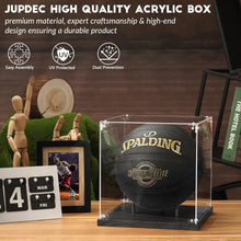 Load image into Gallery viewer, JupDec Basketball Display Case Acrylic Clear 10&quot; Full Size with Solid Wood Base, UV Protected Soccer Display Stand Box for Autographed Standard NBA WNBA Ball Memorabilia Keepsake Ideal Gift,