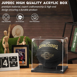 JupDec Basketball Display Case Acrylic Clear 10" Full Size with Solid Wood Base, UV Protected Soccer Display Stand Box for Autographed Standard NBA WNBA Ball Memorabilia Keepsake Ideal Gift,