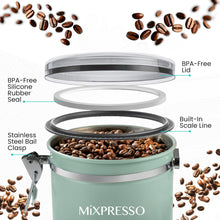 Load image into Gallery viewer, Mixpresso Green Coffee Canister, 16oz Airtight Stainless Steel Kitchen Food Storage Container with Clear Lid and Spoon. for Grounds Coffee, Beans, Tea, Flour, Cereal, Vacuum Sealed Sugar Container