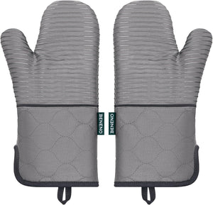 Beneno Non-Slip Silicone Textured Cotton Oven Mitts, Heat Resistant up to 500° F, Flexible Grip with 14.3"x7" Longer Protection, Durable 100% Cotton Oven Mitts for Kitchen & Barbecue, 2-Pack, Gray