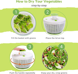 Brieftons QuickPush Salad Spinner: Large 6.3-Quart Vegetable Washer Dryer Strainer Drainer, Easy One-Handed Handle & Brake, Fast Spin Cycles, Compact Storage, to Wash, Clean & Dry Vegetables, Fruits
