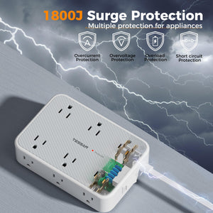 Surge Protector Power Strip, TESSAN 5FT Flat Extension Cord with Multiple Outlets, 12 Outlet Extender with 4 USB (2 USB-C), Flat Plug Power Strip, 1800J Surge Protection, Office, Dorm Essentials