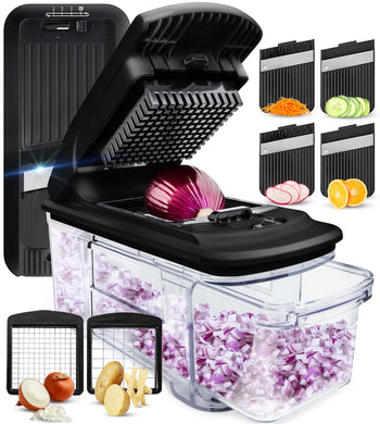 All-in-1 Vegetable Chopper and Mandoline Slicer for Kitchen - Cheese Grater, French Fry Cutter, Cheese Slicer - Bonus Handheld Spiralizer Included (6 in 1, Black/White)