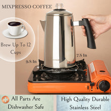 Load image into Gallery viewer, Mixpresso Stainless Steel Stovetop Coffee Percolator, 52 oz Classic Percolator Coffee Pot, Excellent As Camping Pot, 12 Cup Stainless Steel Camping Coffee Makers, Cool-Touch Handle.