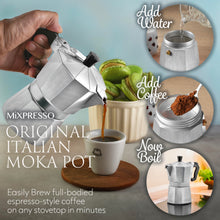 Load image into Gallery viewer, Mixpresso 3 Cup Moka Pot Coffee Maker for Gas, Electric Stove Top, Classic Italian Espresso Maker, Stovetop for Camping, Makes 5 Oz Cuban Coffee