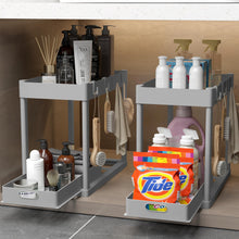 Load image into Gallery viewer, 2PC Under Sink Organizer Rack 2 Tier Under Sliding Cabinet Basket Organizer Drawer with 4 Hooks, Multi-purpose Under Sink Storage for Bathroom Kitchen Desktop（Black）