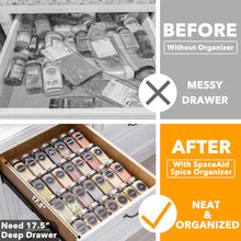 Load image into Gallery viewer, SpaceAid Spice Drawer Organizer with 28 Spice Jars, 386 Spice Labels, 4 Tier Seasoning Rack Tray Insert for Kitchen Drawers, 13&quot; Wide x 17.5&quot; Deep